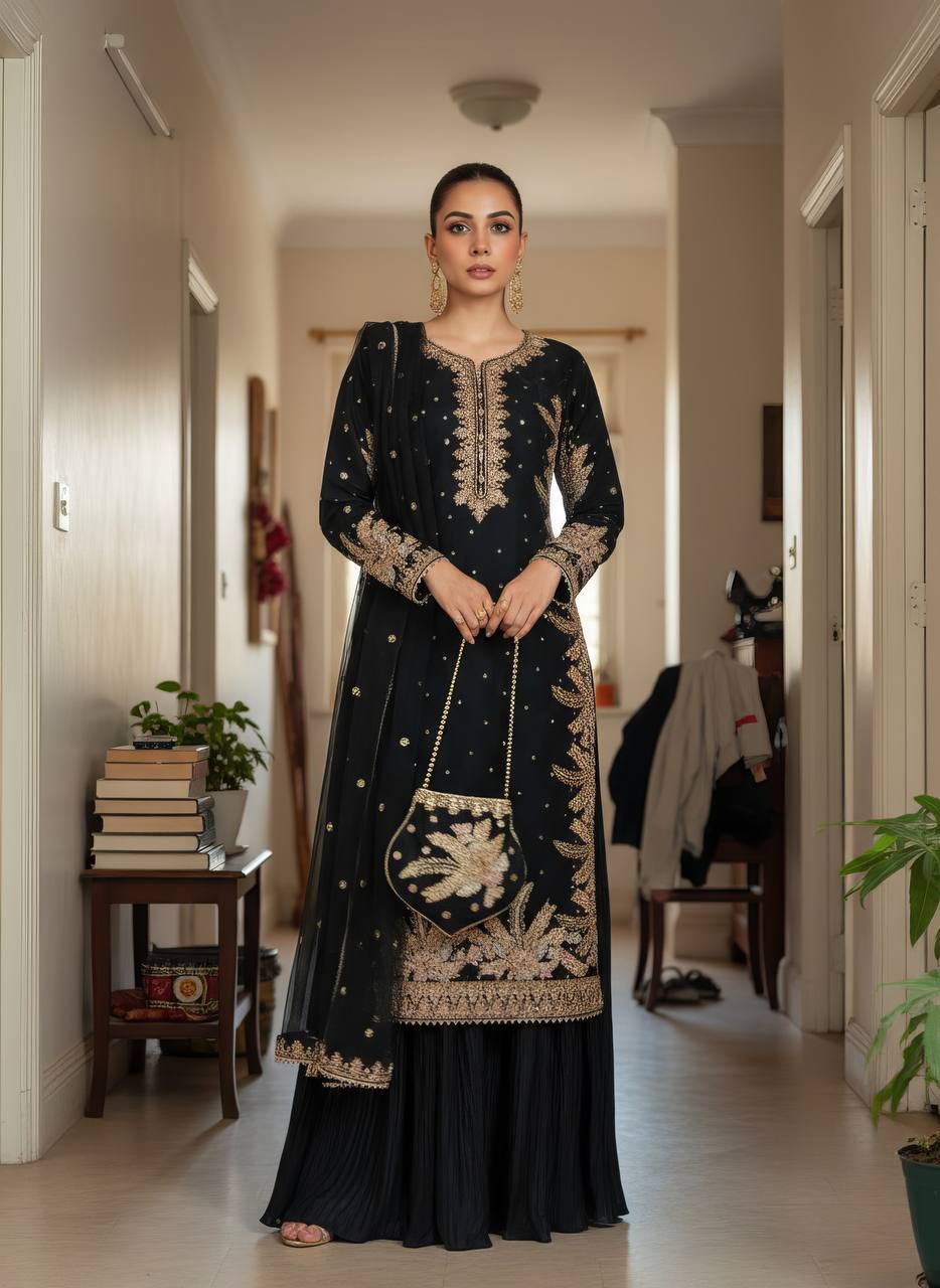 Alluring Black Embroidery Work Straight Salwar Suit