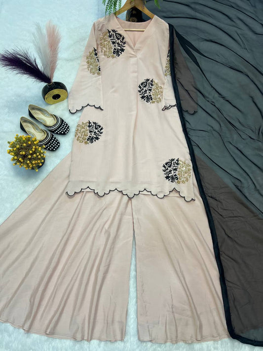 Glorious Pink Roman Silk with Zari Work Palazzo Suit