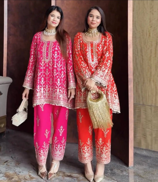 Designer Pink Georgette Sequence Work Palazzo Suit