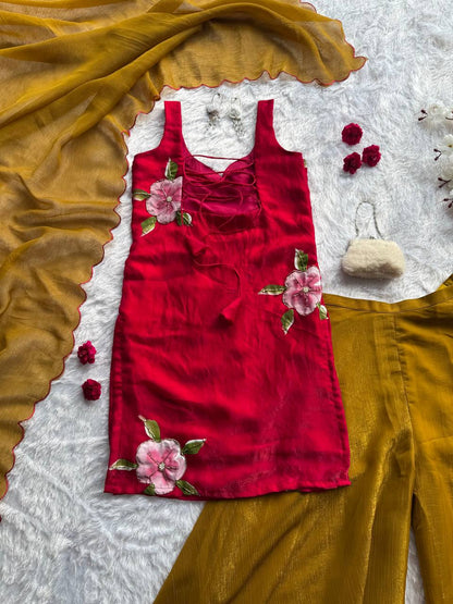 Trendy Red Color Fully Stitched Palazzo Suit