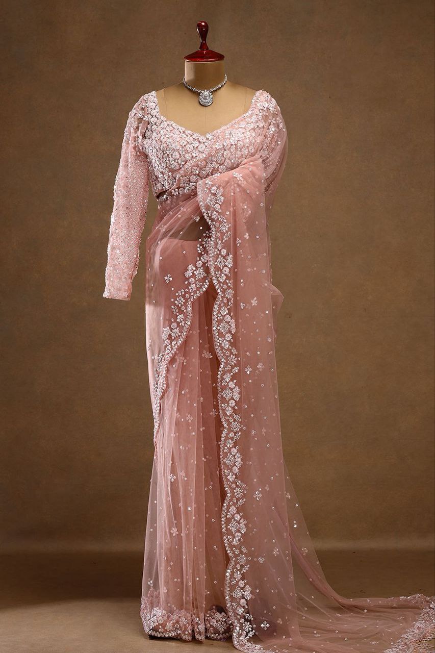 Awesome Pink Color Sequins Work Butterfly Soft Net Saree