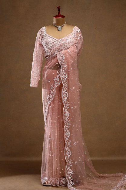 Awesome Pink Color Sequins Work Butterfly Soft Net Saree