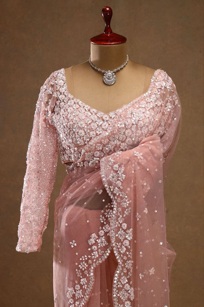 Awesome Pink Color Sequins Work Butterfly Soft Net Saree