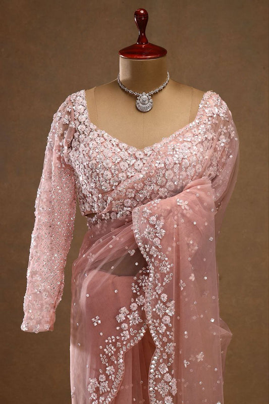 Awesome Pink Color Sequins Work Butterfly Soft Net Saree