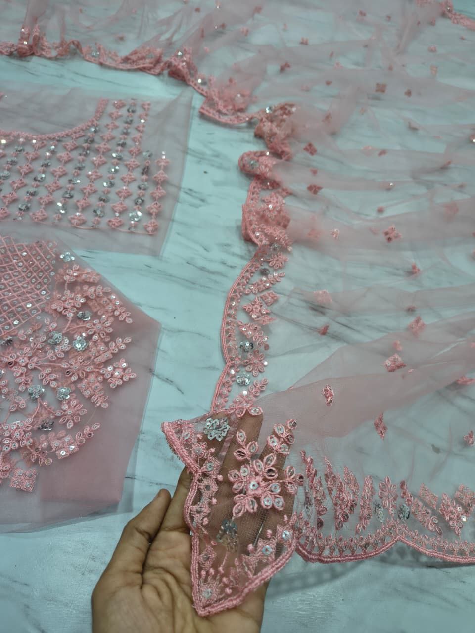 Awesome Pink Color Sequins Work Butterfly Soft Net Saree