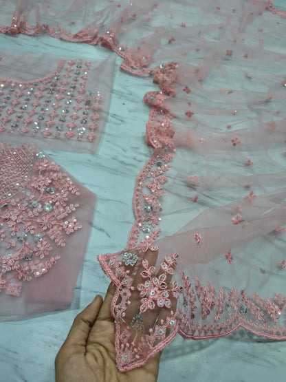 Awesome Pink Color Sequins Work Butterfly Soft Net Saree