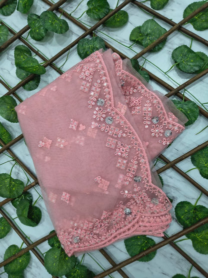 Awesome Pink Color Sequins Work Butterfly Soft Net Saree