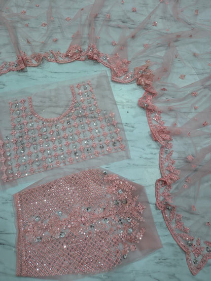 Awesome Pink Color Sequins Work Butterfly Soft Net Saree