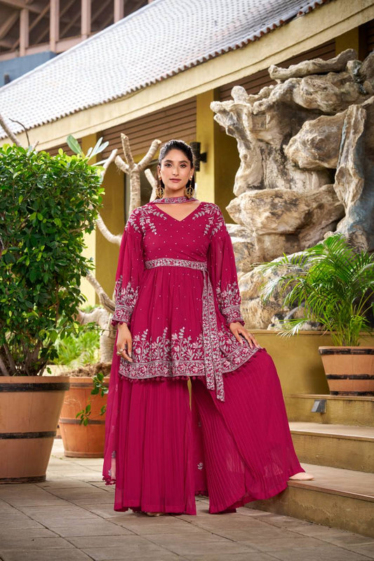 Gorgeous Pink Georgette Embroidery Work Palazzo Suit