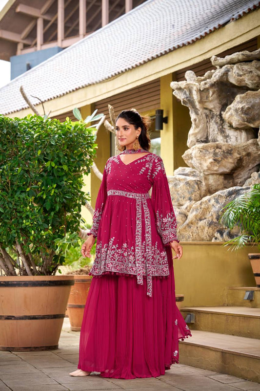 Gorgeous Pink Georgette Embroidery Work Palazzo Suit