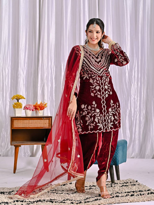 Ravishing Maroon Velvet Embroidery Work Dhoti Suit