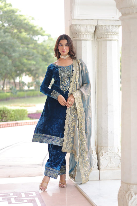 Glorious Blue Velvet with Zari Work Palazzo Suit