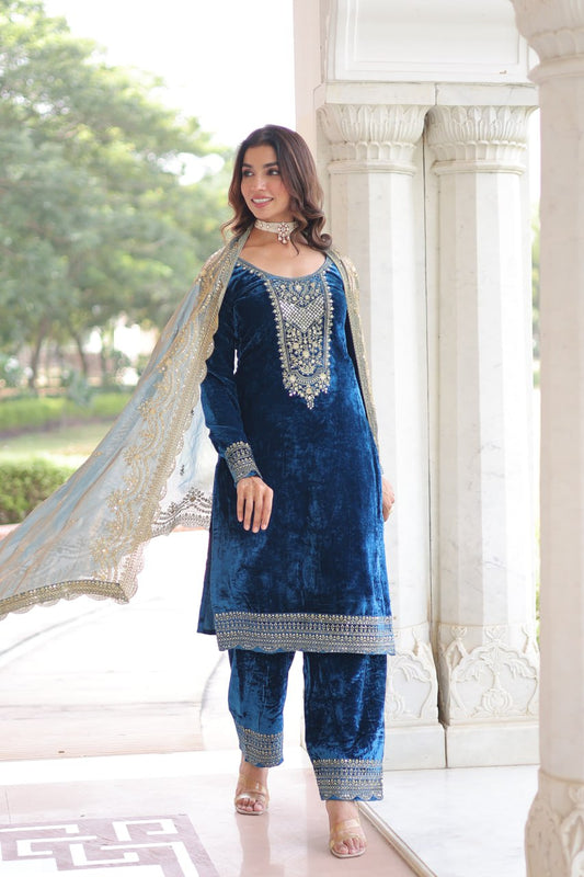 Glorious Blue Velvet with Zari Work Palazzo Suit
