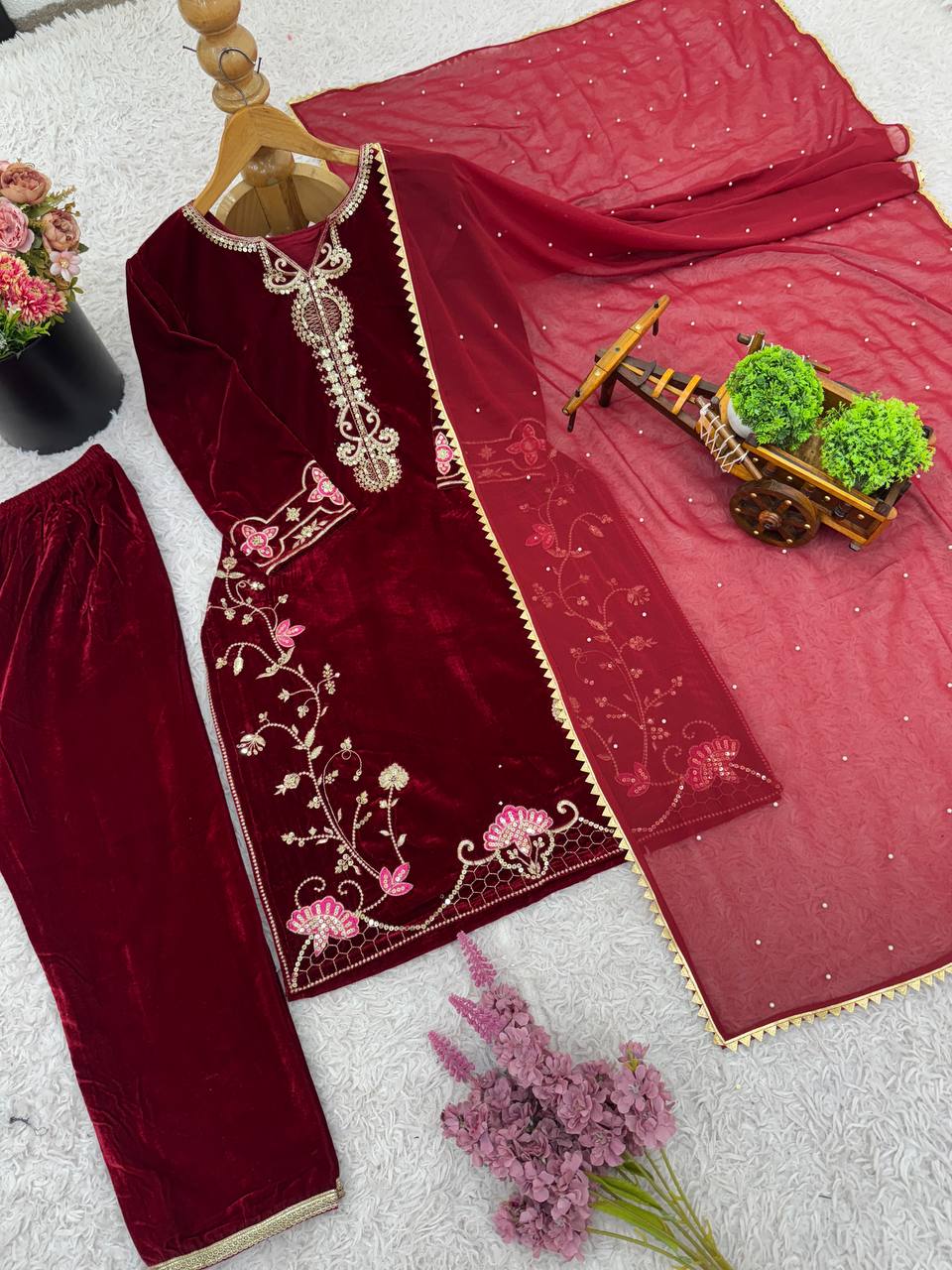 Wonderful Maroon Velvet Sequence Work Palazzo Suit
