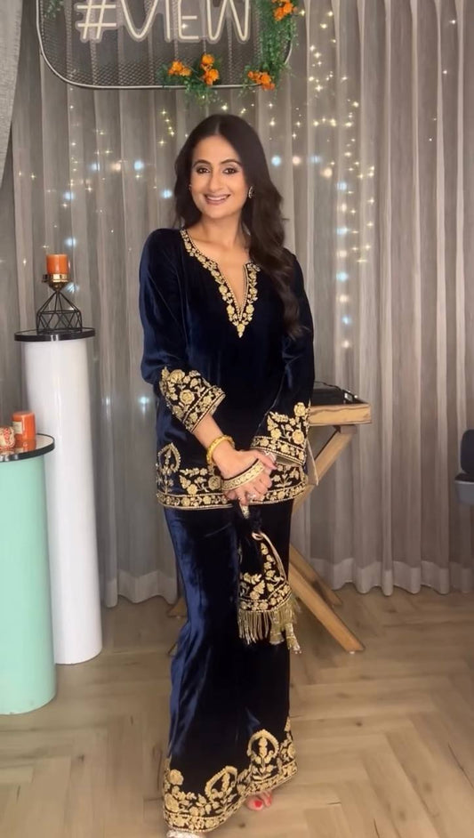 Stylish Blue Velvet with Embroidery Work Palazzo Suit