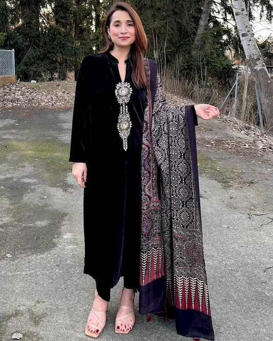 Attractive Black Velvet Sequence Work Palazzo Suit