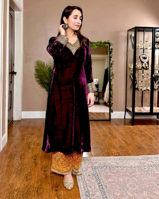 Daisy Maroon Velvet Sequence Work Palazzo Suit