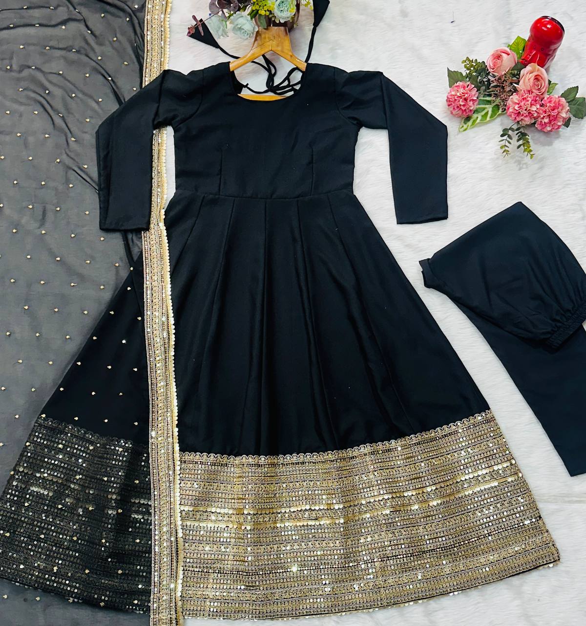 Alluring Black Rayon with Thread Work Anarkali Suit