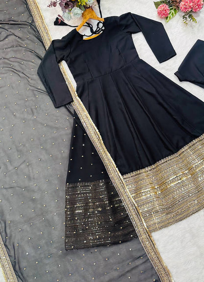 Alluring Black Rayon with Thread Work Anarkali Suit