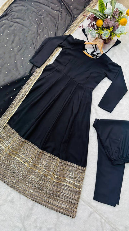 Alluring Black Rayon with Thread Work Anarkali Suit