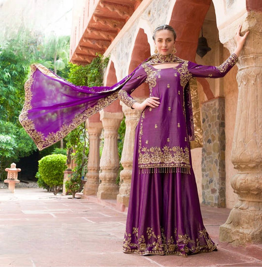 Exclusive Purple Shimmer Silk Sequence Work Palazzo Suit