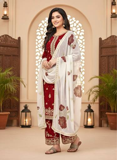 Stunning Wine Silk Heavy Embroidery Palazzo Suit