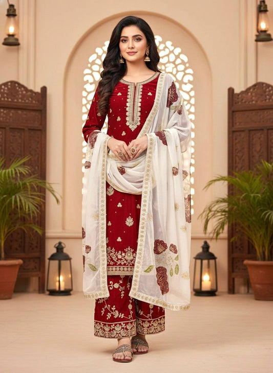 Stunning Wine Silk Heavy Embroidery Palazzo Suit