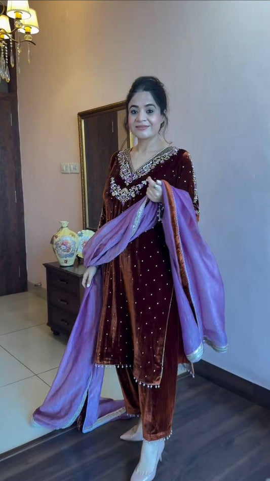 Elegant Purple Velvet Sequence Work Sharara Suit