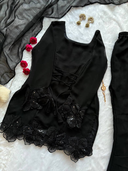 Stylish Black Georgette Embroidery Work Kurta Set