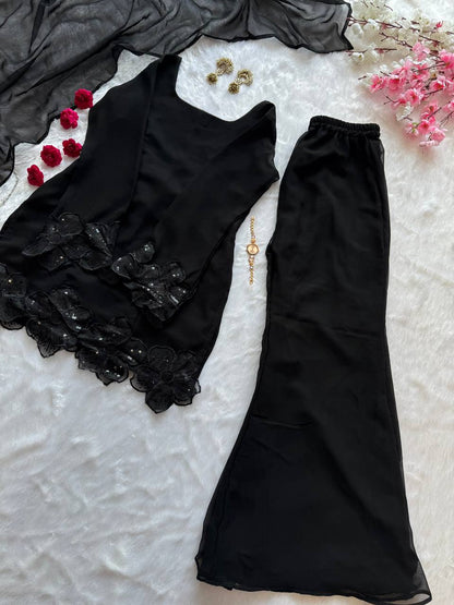 Stylish Black Georgette Embroidery Work Kurta Set