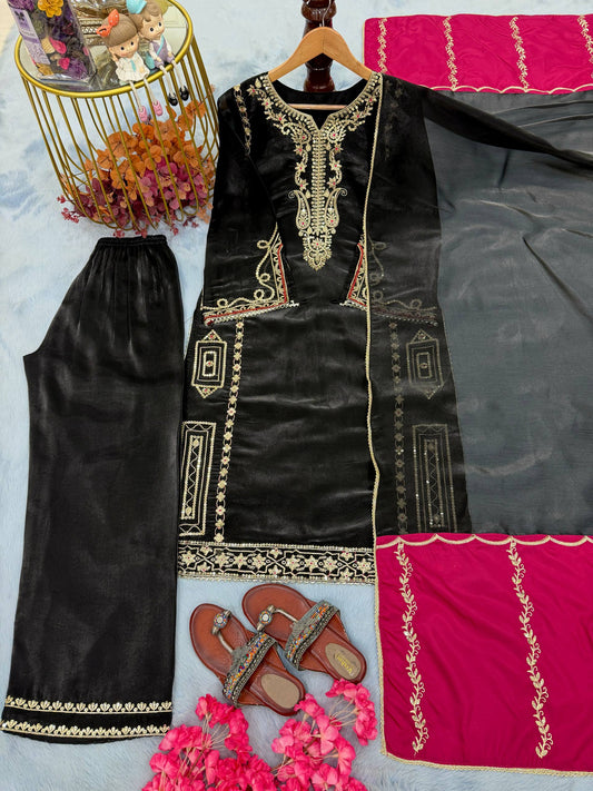 Stylish Black Jimmy Embroidery Work Palazzo Suit