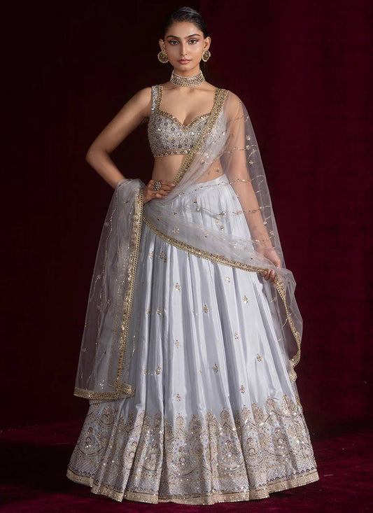Amazing Silver Satin Silk Work Lehenga