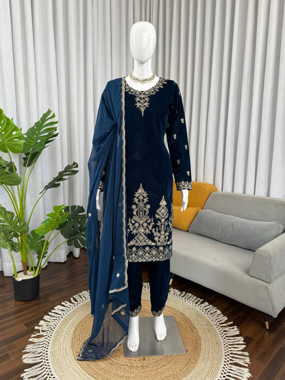 Charming Blue Heavy Viscose Velvet Thread Work Suit
