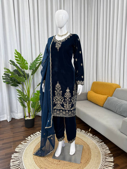 Charming Blue Heavy Viscose Velvet Thread Work Suit