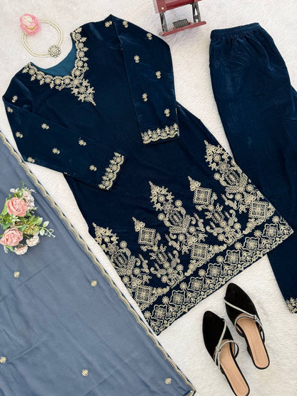 Charming Blue Heavy Viscose Velvet Thread Work Suit