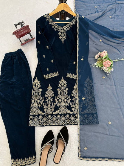 Charming Blue Heavy Viscose Velvet Thread Work Suit