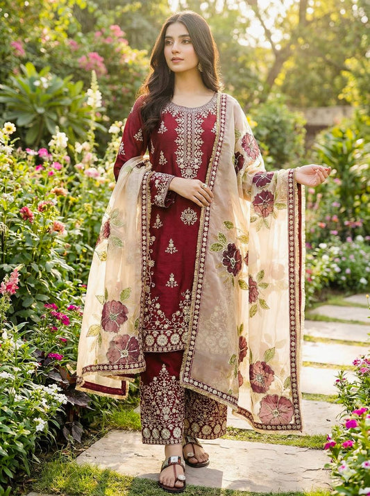 Gorgeous Maroon Jimmy Silk Embroidery Work Palazzo Suit