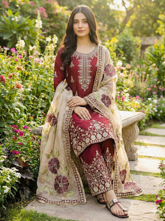 Gorgeous Maroon Jimmy Silk Embroidery Work Palazzo Suit