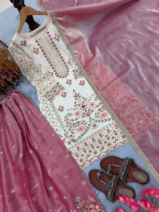 Charming Pink Silk Embroidered Palazzo Suit
