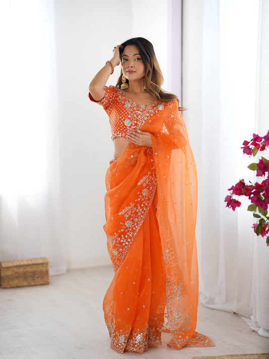 Exclusive Orange Organza Silk with Thread & Sequin Work Saree