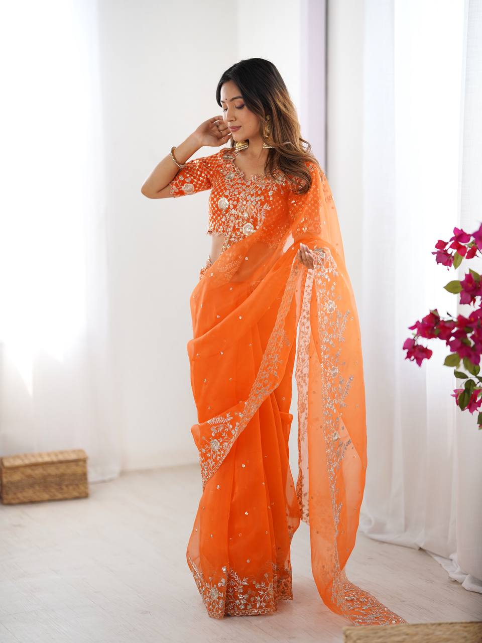 Exclusive Orange Organza Silk with Thread & Sequin Work Saree