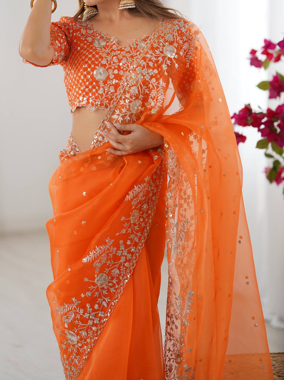 Exclusive Orange Organza Silk with Thread & Sequin Work Saree
