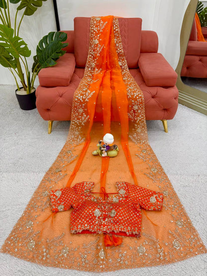 Exclusive Orange Organza Silk with Thread & Sequin Work Saree