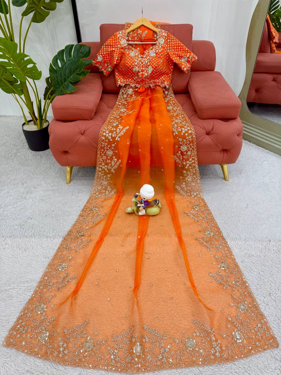 Exclusive Orange Organza Silk with Thread & Sequin Work Saree
