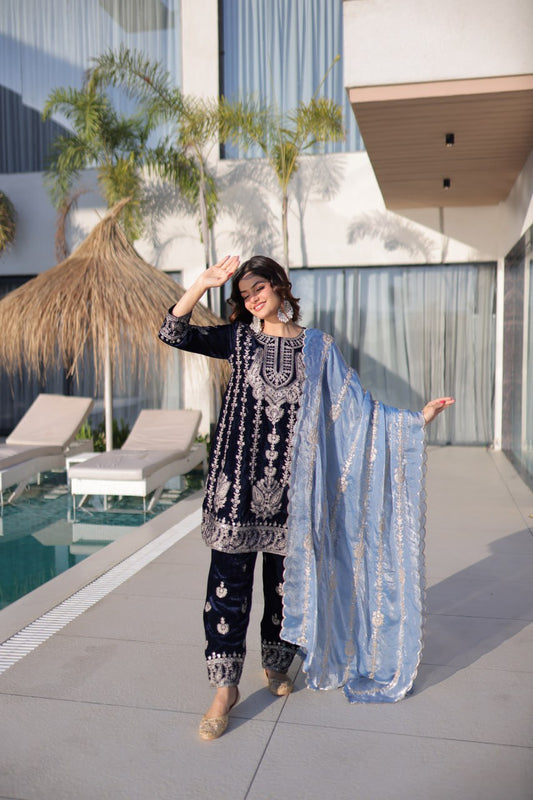 Lovely Blue Velvet with Zari Embroidered Work Sharara Suit