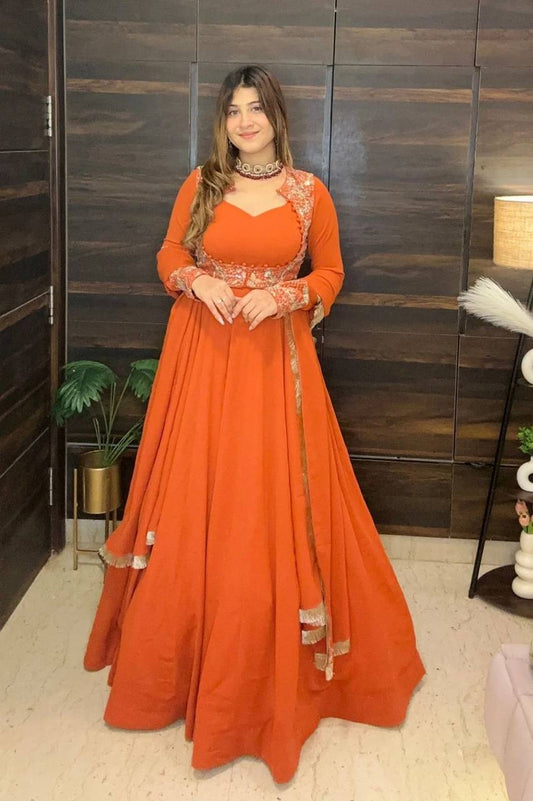 Amazing Orange Fox Georgette Embroidered Anarkali Gown
