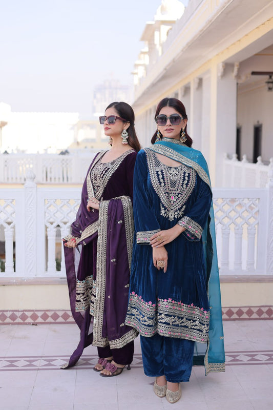 Elegant Wine Velvet with Embroidered Work Sharara Suit