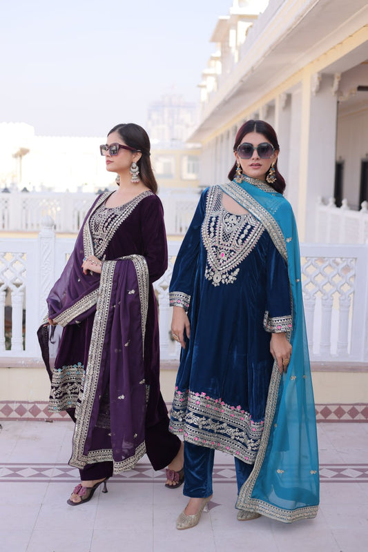 Elegant Wine Velvet with Embroidered Work Sharara Suit