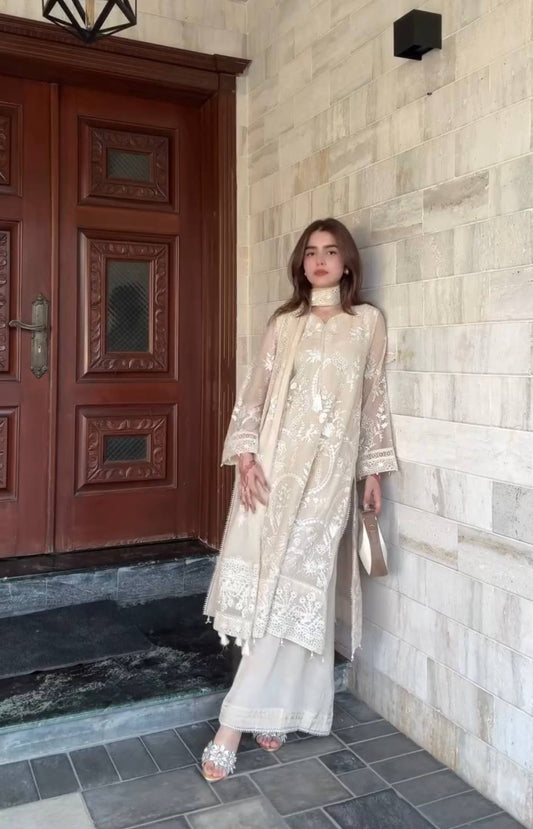 Exclusive Ivory Heavy Faux Georgette Embroidery Work Palazzo Suit