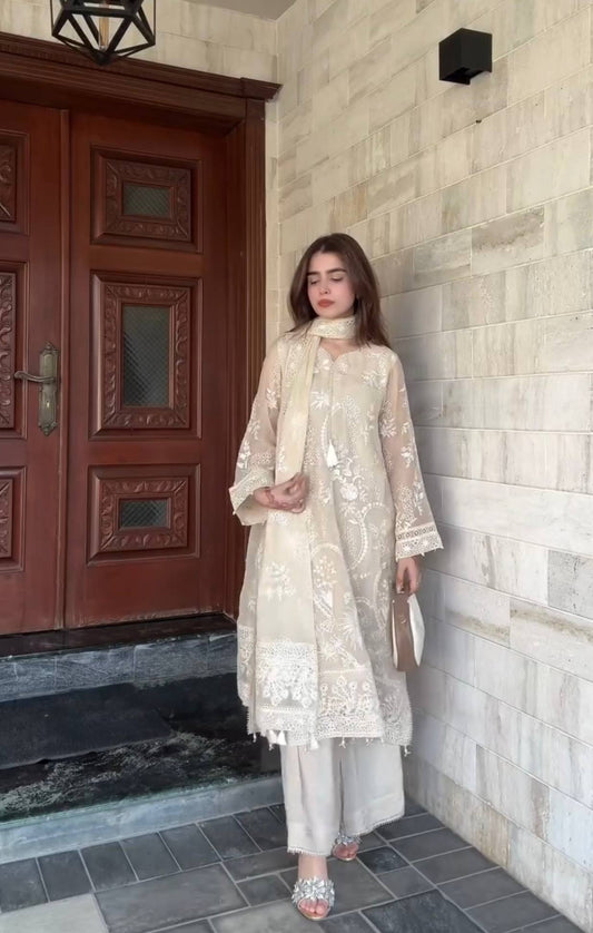Exclusive Ivory Heavy Faux Georgette Embroidery Work Palazzo Suit